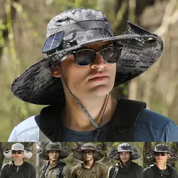 Aba larga Fan Solar chapéu de pesca ao ar livre, chapéu de sol masculino com 2 ventilador Solar