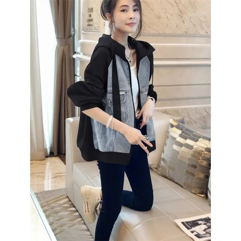 Veste en Denim Noir à Capuche pour Femme, Manteau Patchwork, Baseball, Vintage, Vêtements d\'Extérieur, Nouvelle Collection Automne et Hiver 2023