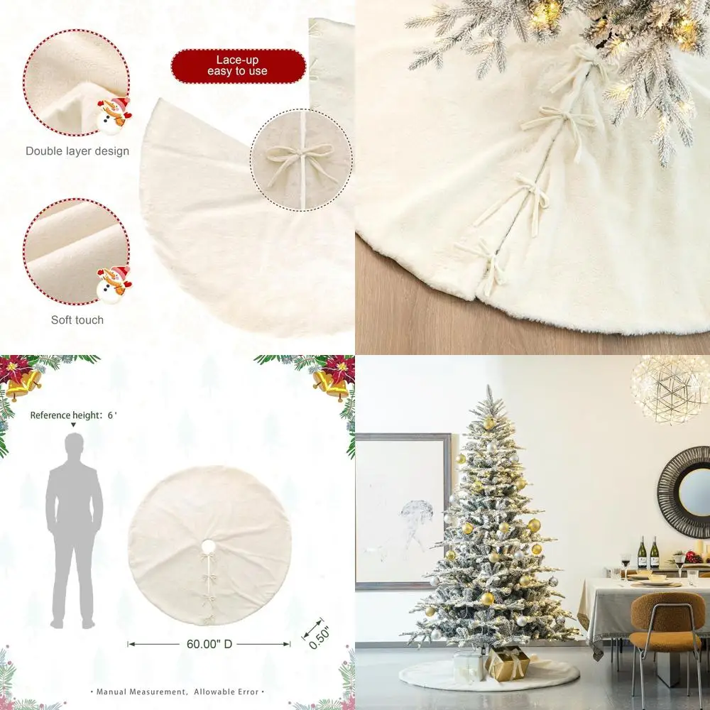 

Large White Oversized Christmas Tree Skirt with Faux Rabbit Fur for Rustic Holiday Home Decor