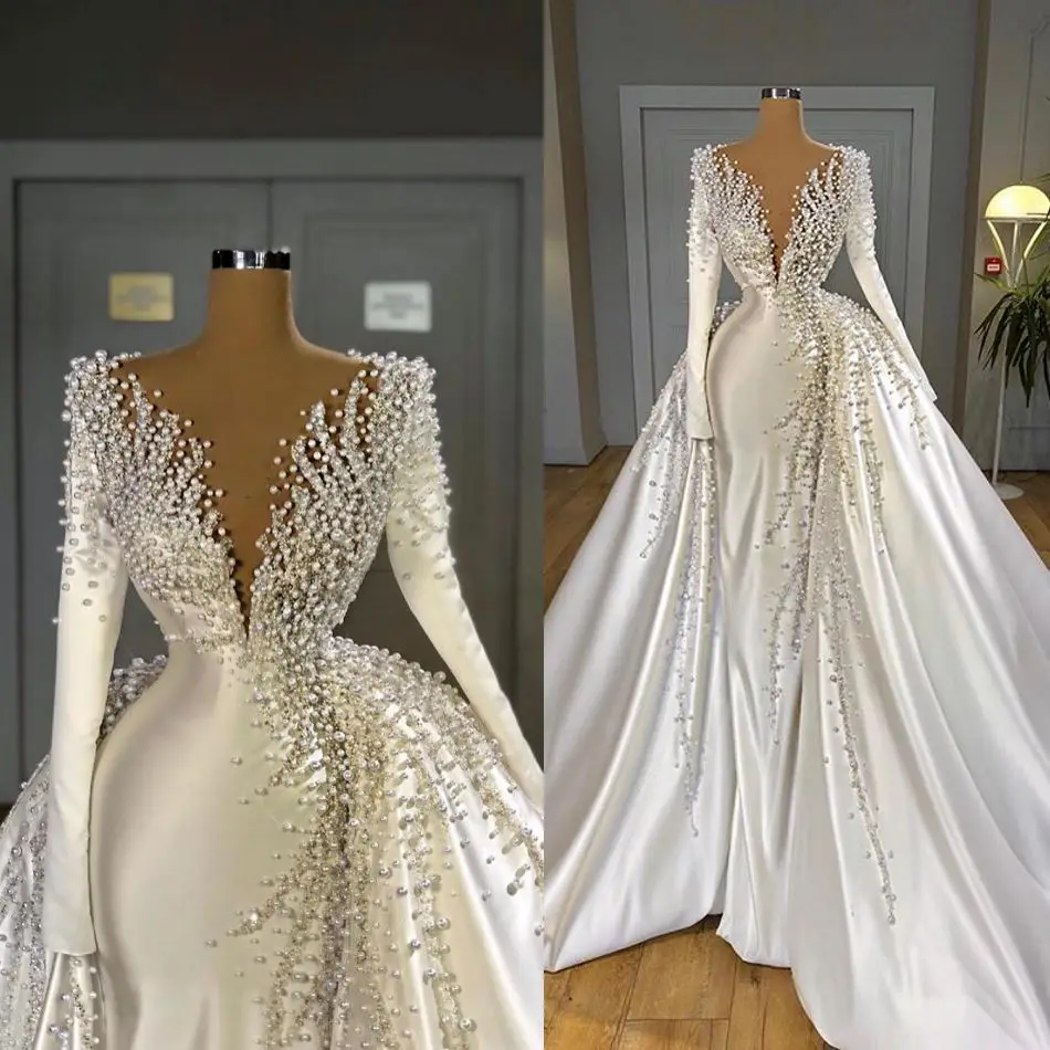 

Luxury Pearls Mermaid Wedding Dresses with Overskirt V Neck Satin Long Sleeve Bridal Gowns Elegant Wedding Dress robes de mariée