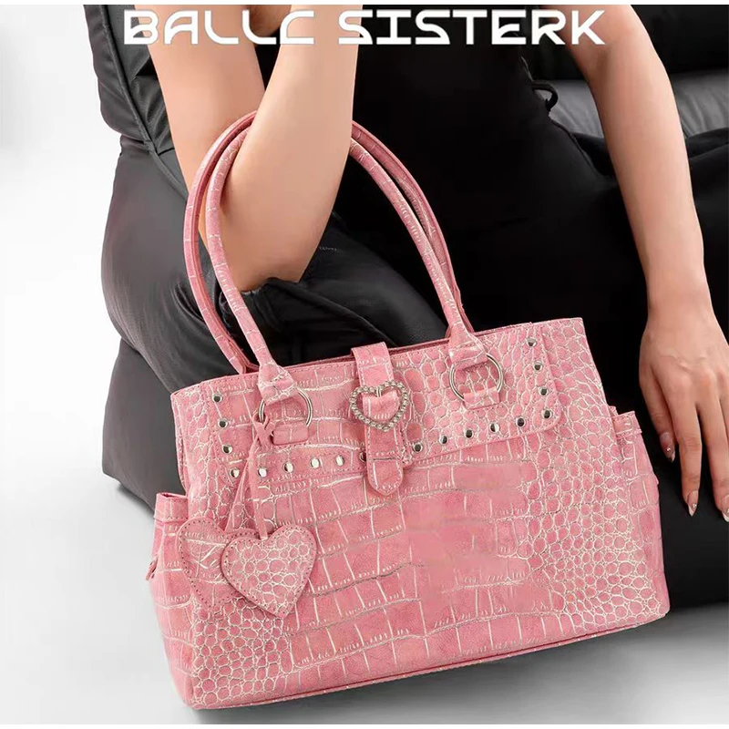 Umhängetasche mit Krokodilmuster und Prägung, Damenhandtasche mit großem Fassungsvermögen, Designer-Aktentasche, Y2k-Mädchen-Pendlermode-Handtasche, Rosa – Detail 16