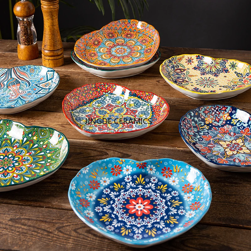 

1pc Ceramic Bohemian Dish, Household Ceramic Tableware, Breakfast Plate, Dumpling Plate, Salad Fruit Plate, Steak Plates