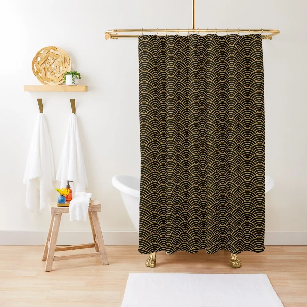 

Japanese Seigaiha Gold and Black Caramel Pattern Shower Curtain Bathroom Curtain For Shower