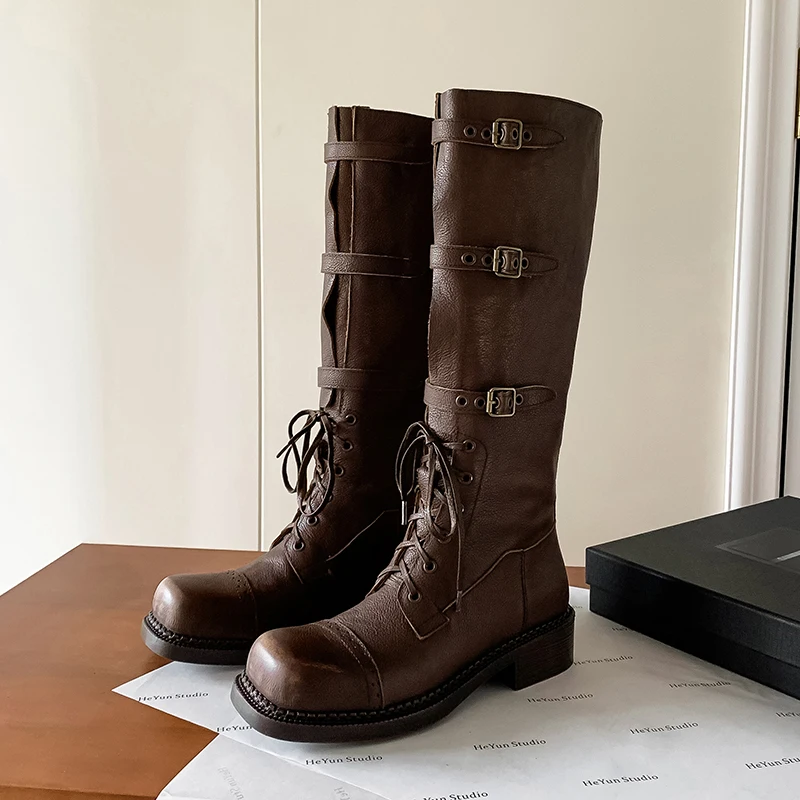 Arden Furtado Women's Genuine Leather Knee High Boots Lace-Up Platform Chunky Heel Belt Buckle Motorcycle Boot Pull-On Style view 3