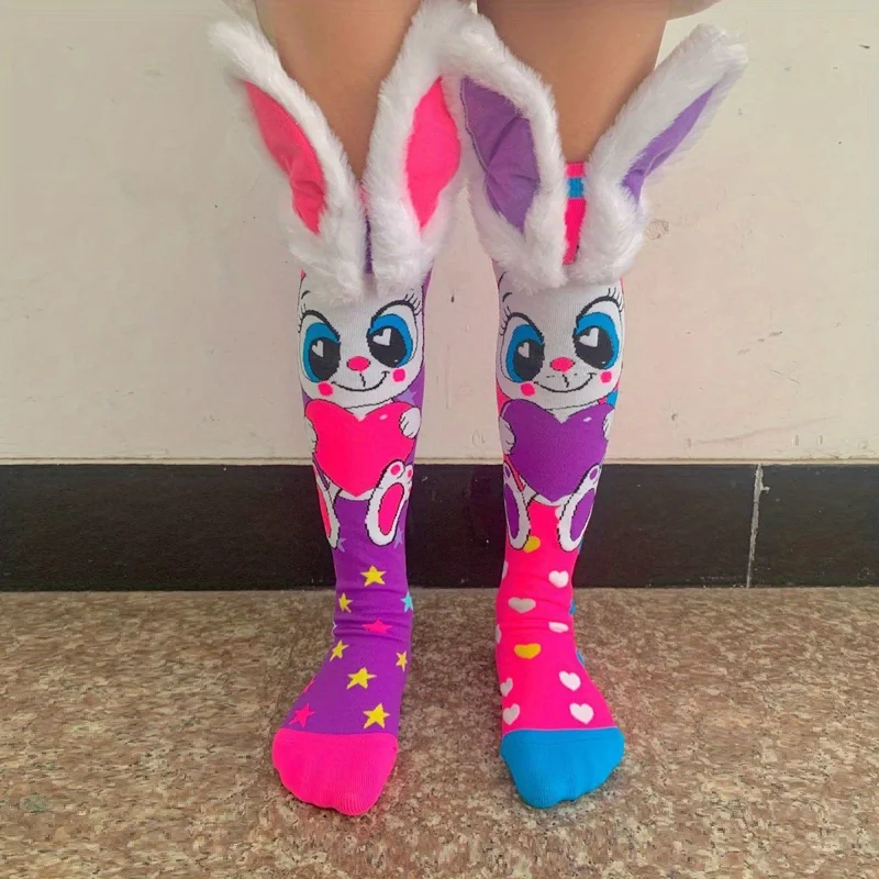 1 pair of trendy cartoon rabbit children\'s high socks, girls\' knee socks, suitable for all seasons