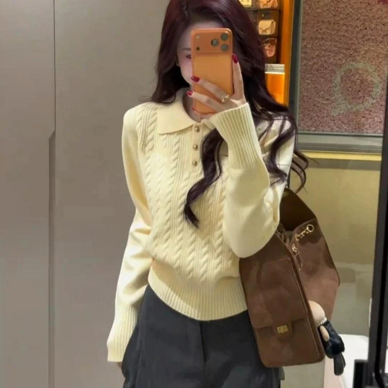 Fashion selling women's sweaters 100% pure cashmere lapel knit pullover long sleeve solid color basic sweater tops