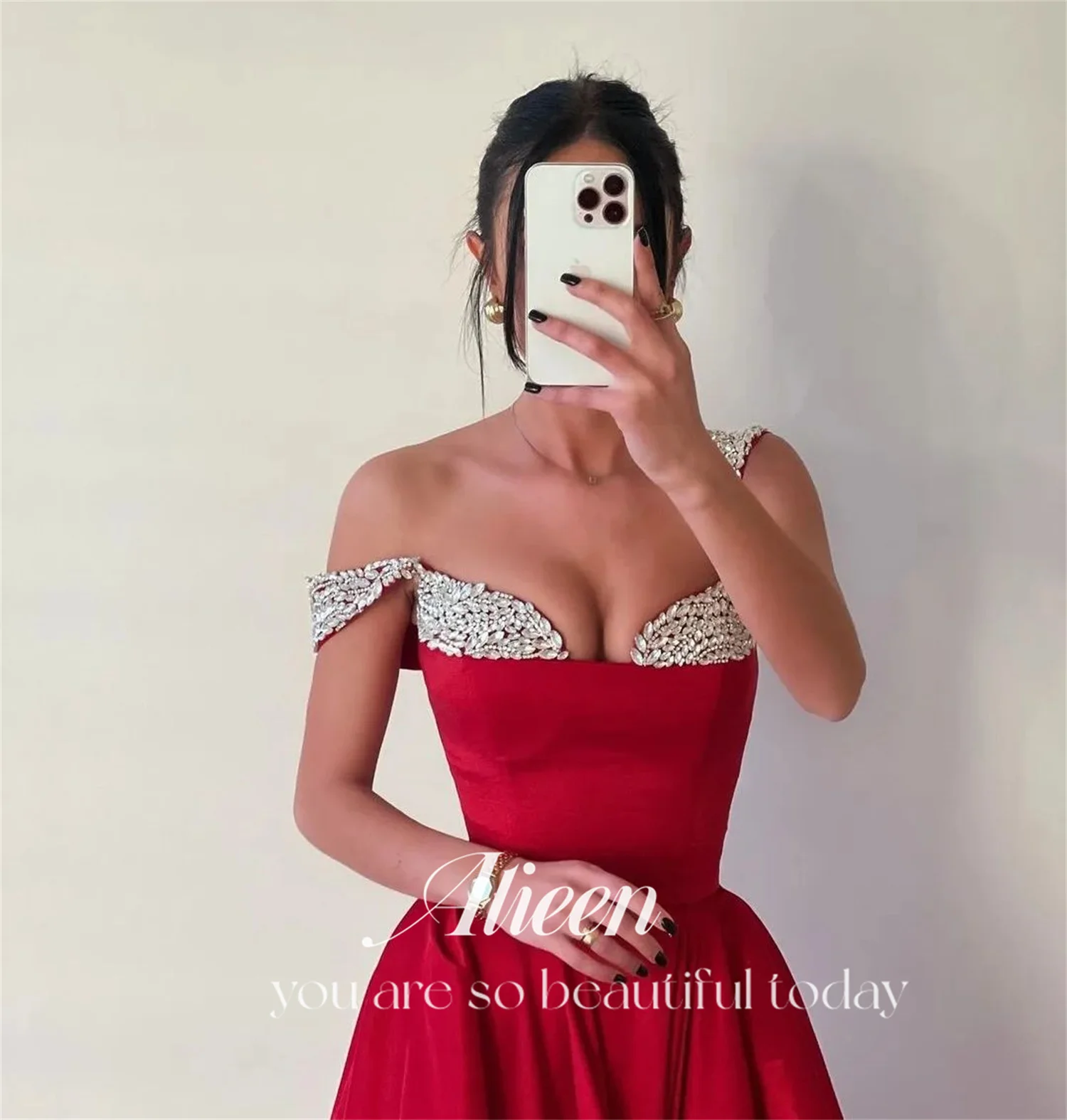 Red Satin A-line Diamond Jewelry Wedding Party Dress Dresses Gala Evening Elegant Woman Prom Graduation Women Luxury customized