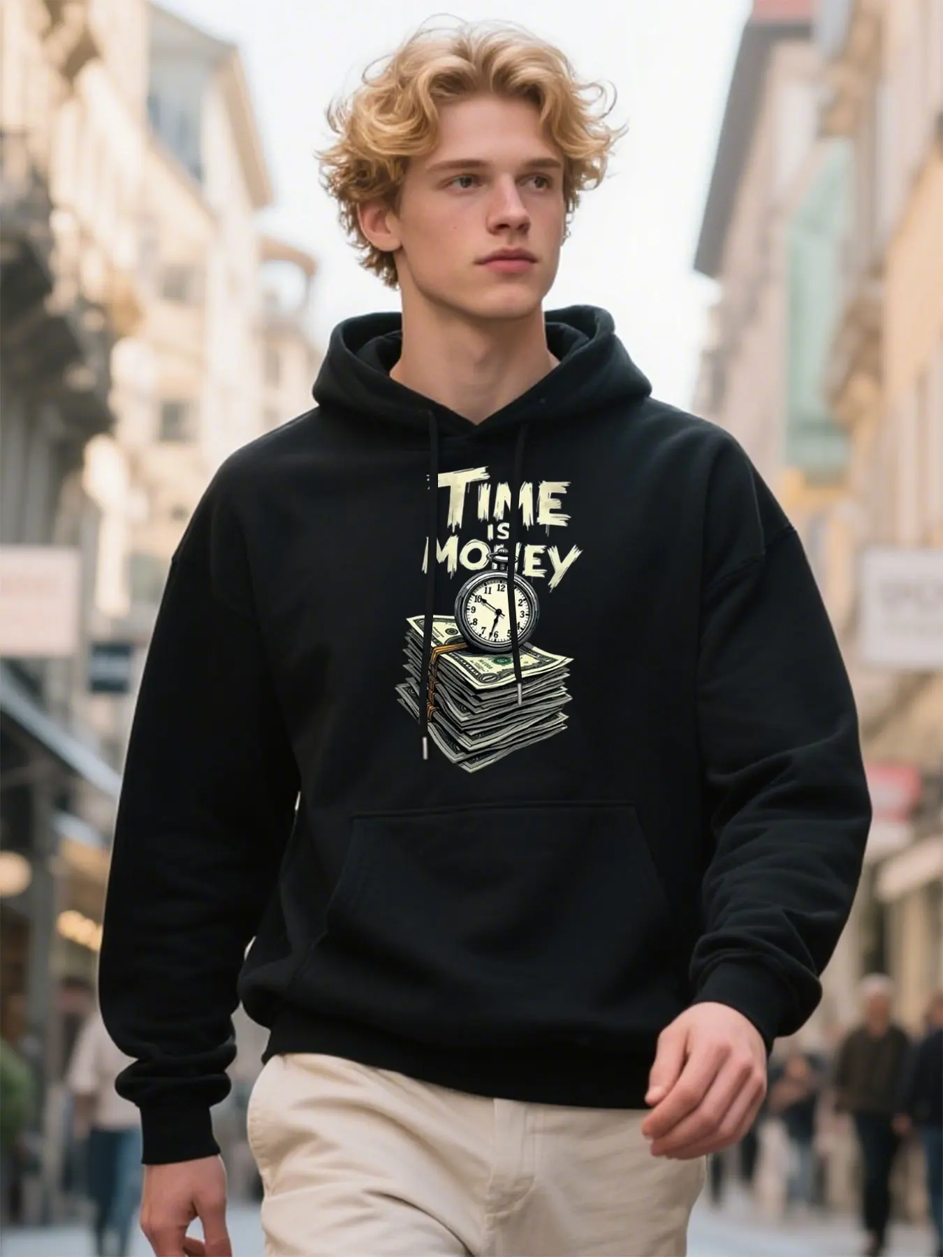 

​Men's Double-Sided Cotton Hoodie With Time Is Money Print Soft Comfort For Daily Casual Wear Low Maintenance Career Achievemen