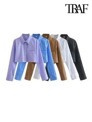 TRAF Women Fashion Loose Cropped Shirts Vintage Long Sleeve Front Button Female Blouses Blusas Chic Tops