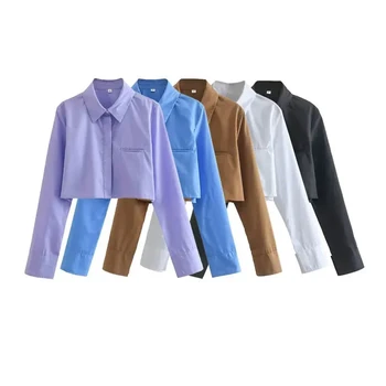 TRAF 여성용 루즈 크롭 셔츠, 빈티지 긴팔, 앞 단추 블라우스, 시크한 상의, 패션