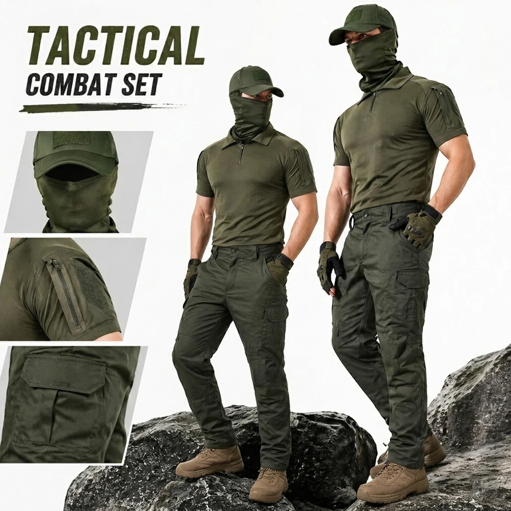 

Tactical Uniform Set with Cargo Pants T-Shirt Cap Face Mask, Summer Camouflage Combat Suits for Outdoor Hunting CS Game Training