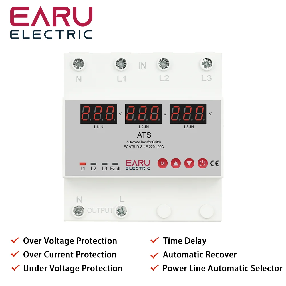 ATS Automatic Transfer Switch 100A 63A Over Current Limiter Adjustable Over And Under Voltage Time Lag Protection Uninterrupted