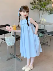 New Arrival Sweet Girls Dress For Summer 2 3 4 5 6 7 8 9 10 11 12 Year Sleeveless Solid Color Blue Child Dresses With Pockets
