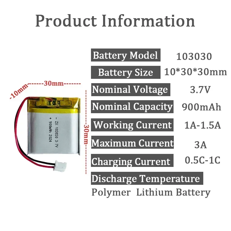 103030 3.7V 900mAh Rechargeable Li-Po Battery Lithium with jst PH 2.0mm 2pin plug For GPS MP3 MP4 Driving Recorder