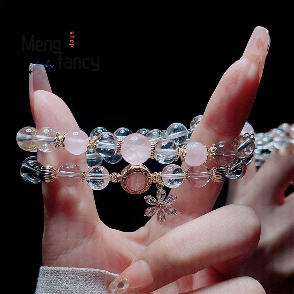 Natural Summer Double Circle White Crystal Bracelet Female Fashion Temperament Pink Crystal Beaded High-grade Exquisite Jewelry