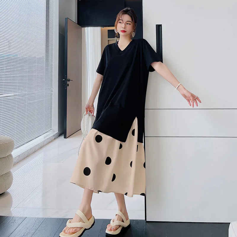 #6117 Summer Black Split Joint T Shirt Dress Women Polka Dot False Two Piece Midi Dress Short Sleeve Loose V-neck Streetwear