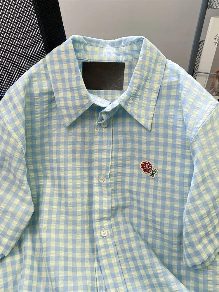 Camisa informal a cuadros Vintage para mujer, blusa bonita de verano de manga corta holgada dulce, Tops coreanos Retro con retazos florales