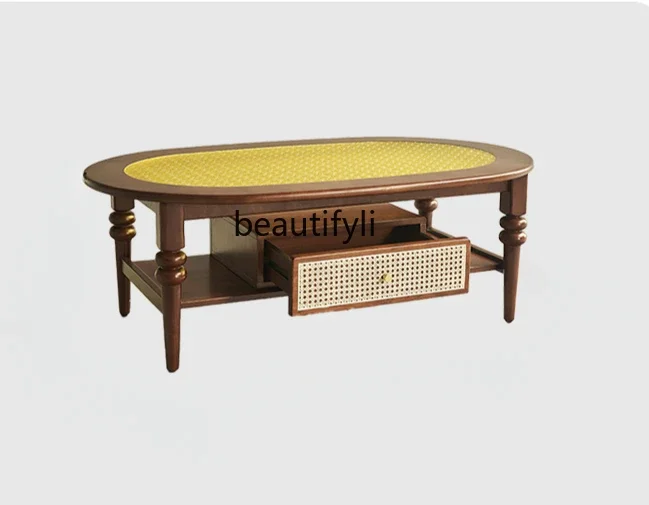 French medieval rattan coffee table small apartment living room household oval glass double layer, coffee table