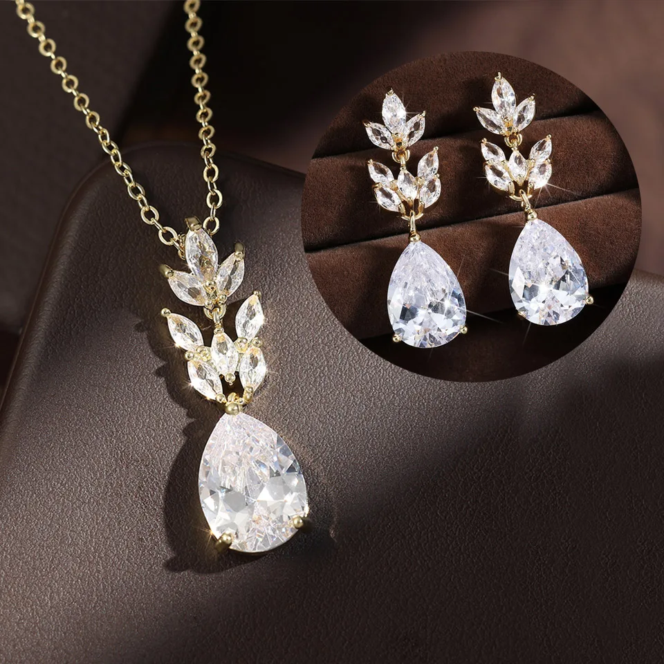 ZAKOL Bulingbuling Halskette und Ohrringe mit tropfenförmigem Zirkonia-Anhänger für Damen, Hochzeitsschmuck-Set
