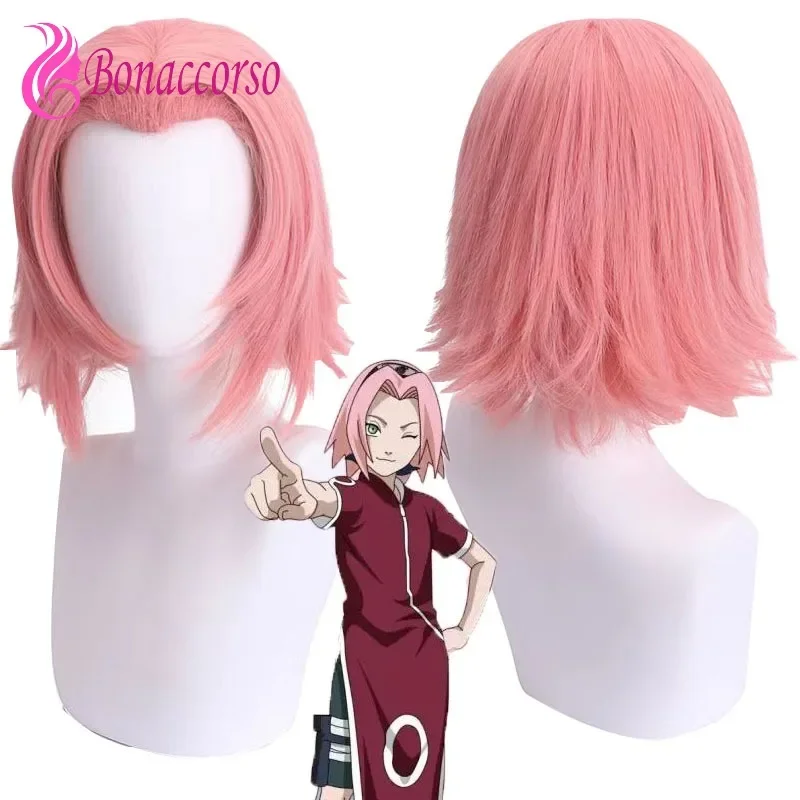 HOKAGE NINJA Sakura Cosplay Wig Pink Synthetic Short Straight Wig Anime Coser Cute Girl Heat Resistant Fiber Wig Daily Party