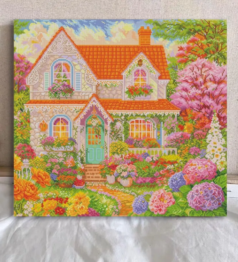 

9ct 75x80cm Flowers House Embroidery DIY Printed Kit Cross Stitch Thread Needlework Sets Home Decor Crafts With Needles