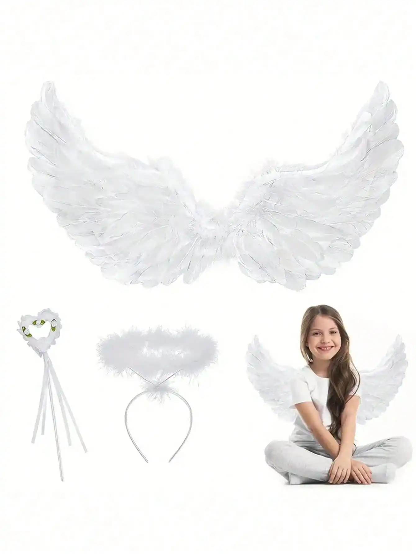 Set of angel wings, stage performance white wings with Halo and Magic Wand Angel Wings costume Halloween Carnival Cosplay suppli