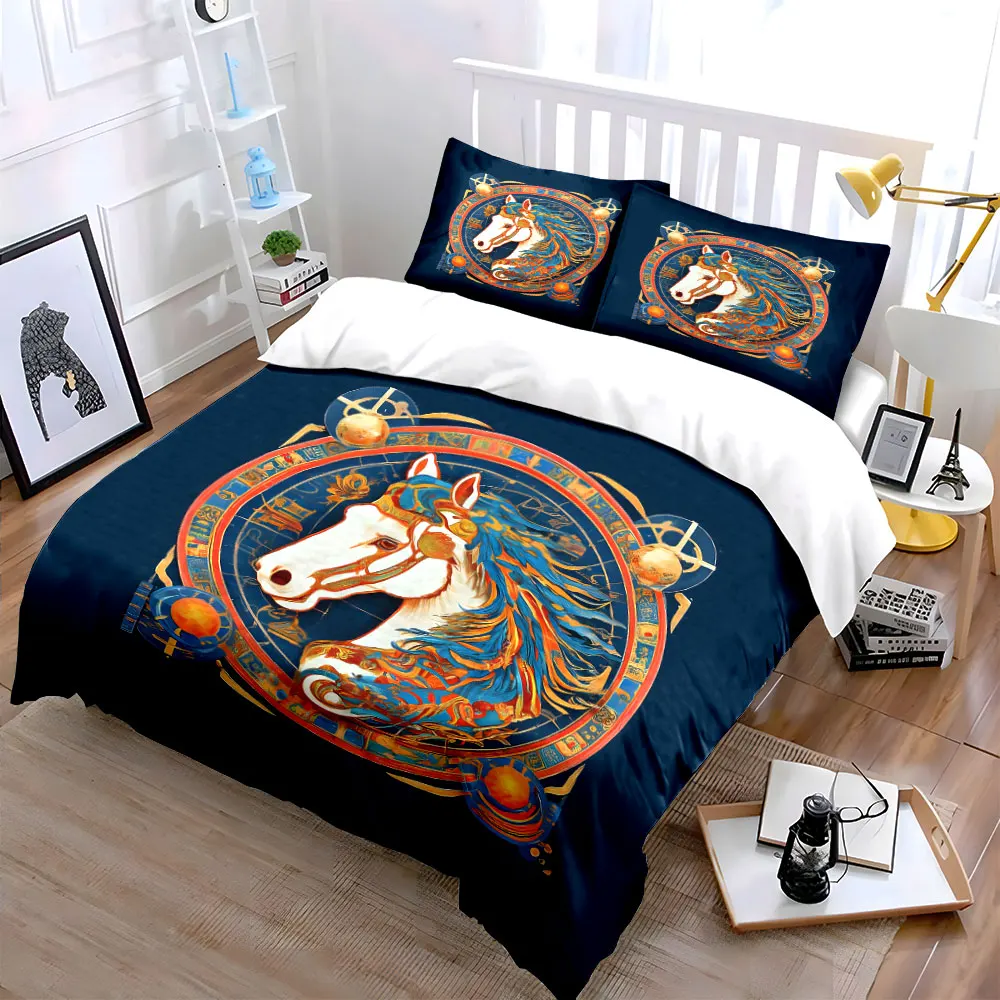 Colorful Horse Artistic Three-Piece Decor Soft Skin-Friendly Bedding Set Includes 1 Duvet Cover And 2 Pillowcase, Gift