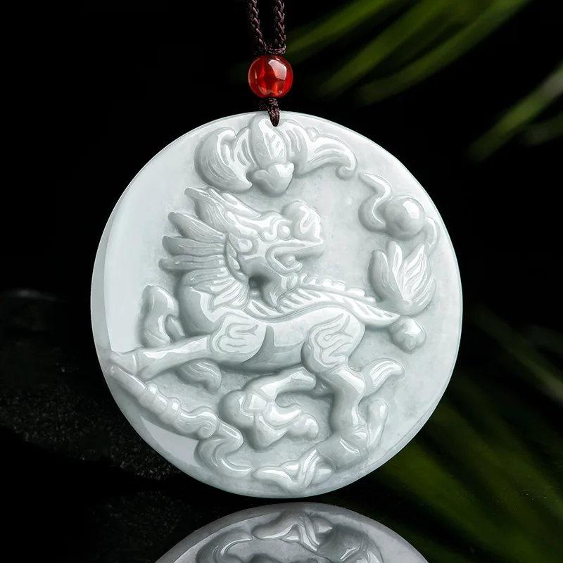 Genuine Natural Burmese Jadeite Qilin Brings Fortune Ice Jade Pendant Wealth Hanging Ornament Men's and Women's Jade Necklace
