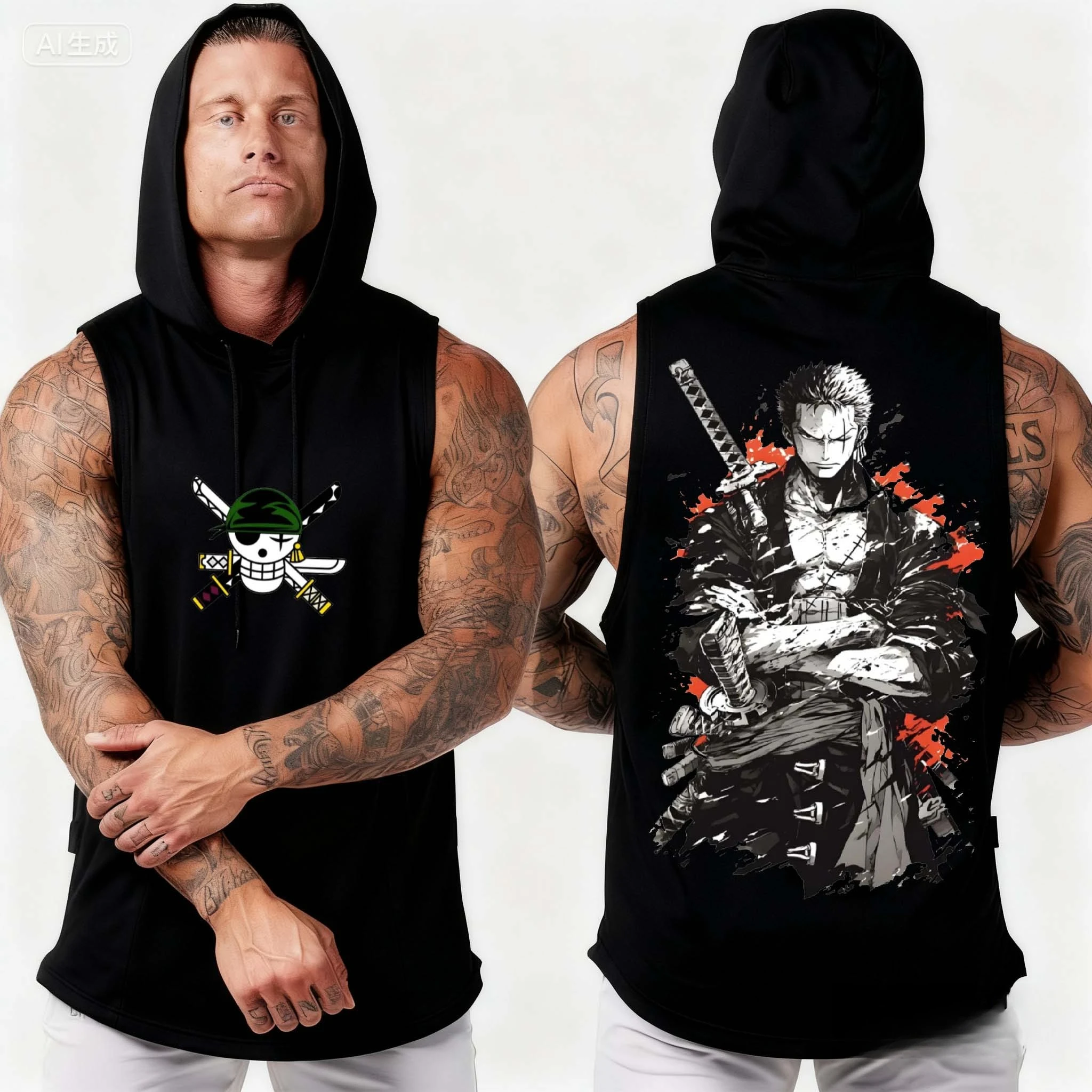 

Bandai One Piece New Sauron Print Sport Sleeveless Hoodie Fall & Winter Men's Hooded Breathable Wicking Drawstring Fitness Top