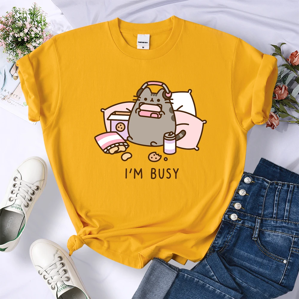 Sorry I'm Busy Cat Playing Games With Headphones T Shirt Female New Oversized T-shirts New Street Tops Hot Sale Summer Women Tee