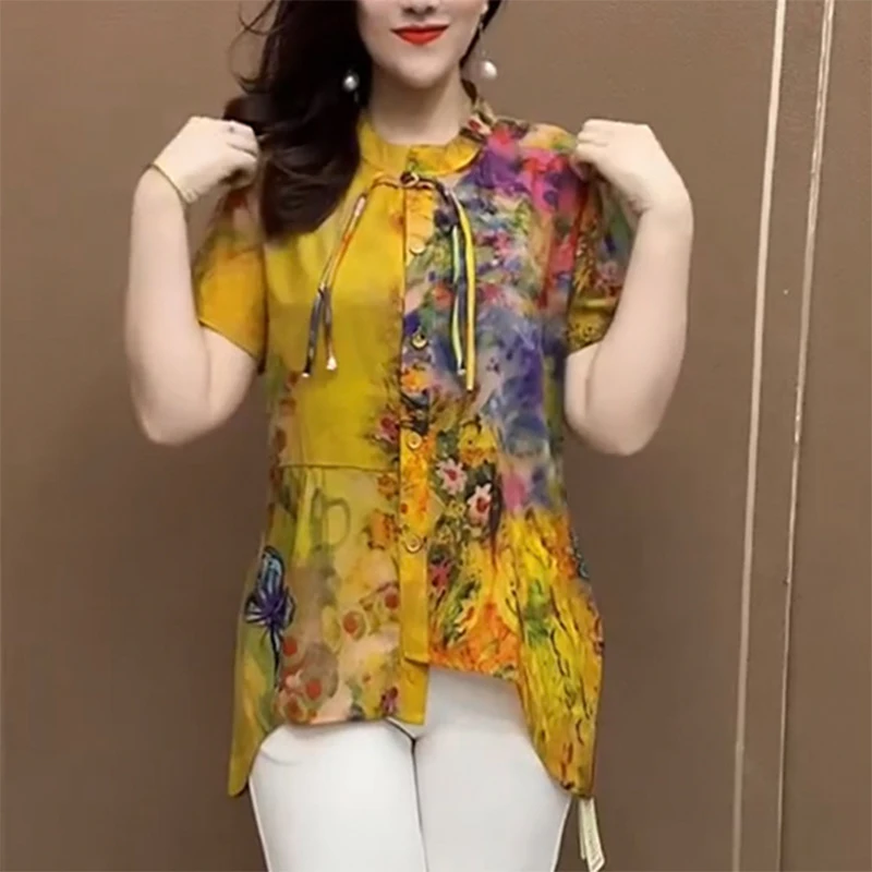 summer new Chinese style vintage irregular printing shirt ladies short sleeve temperament patchwork pullover top women oversized