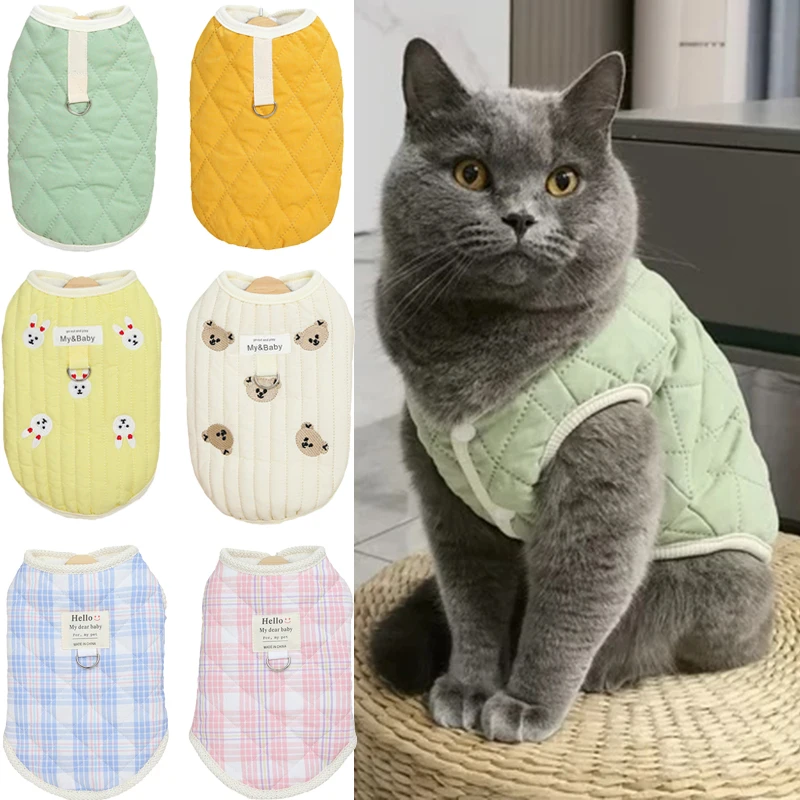 Winter Warm Cat Coat Jacket for Cats Cute Print Pet Clothes with Traction Ring Sphynx Siamese Kitten Walking Rope mascotas Suit