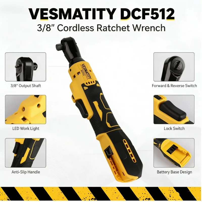 DCF512Brushless Ratchet Right Angle Wrench 20V Cordless Power Wrench with LED Light Variable Speed Driver for Repair Power Tools