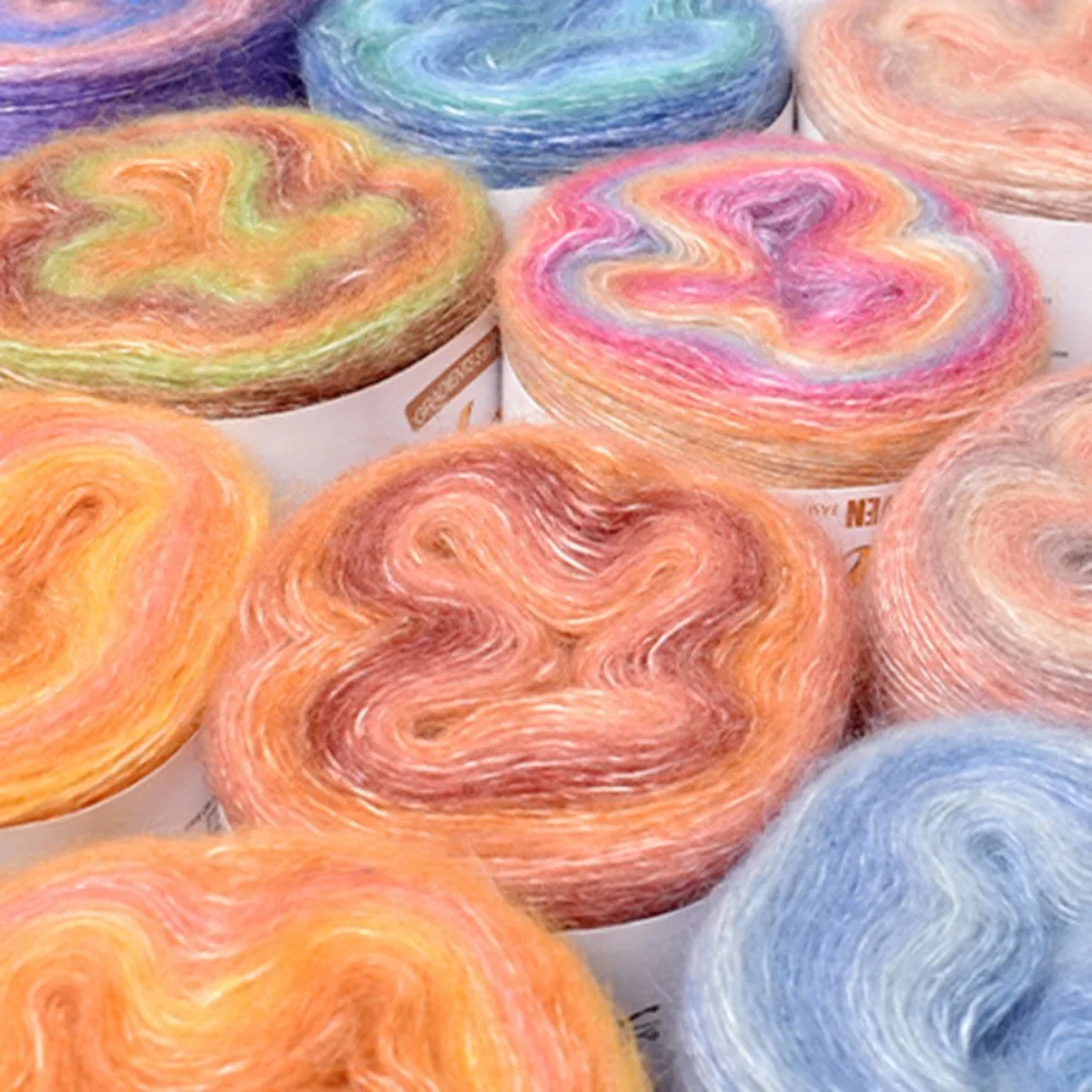 

250M Soft Spring/Summer Rainbow Mohair Yarn Crochet Skirt Lace Organic Cotton Blend Yarn Gradient Color Cake Yarn DIY