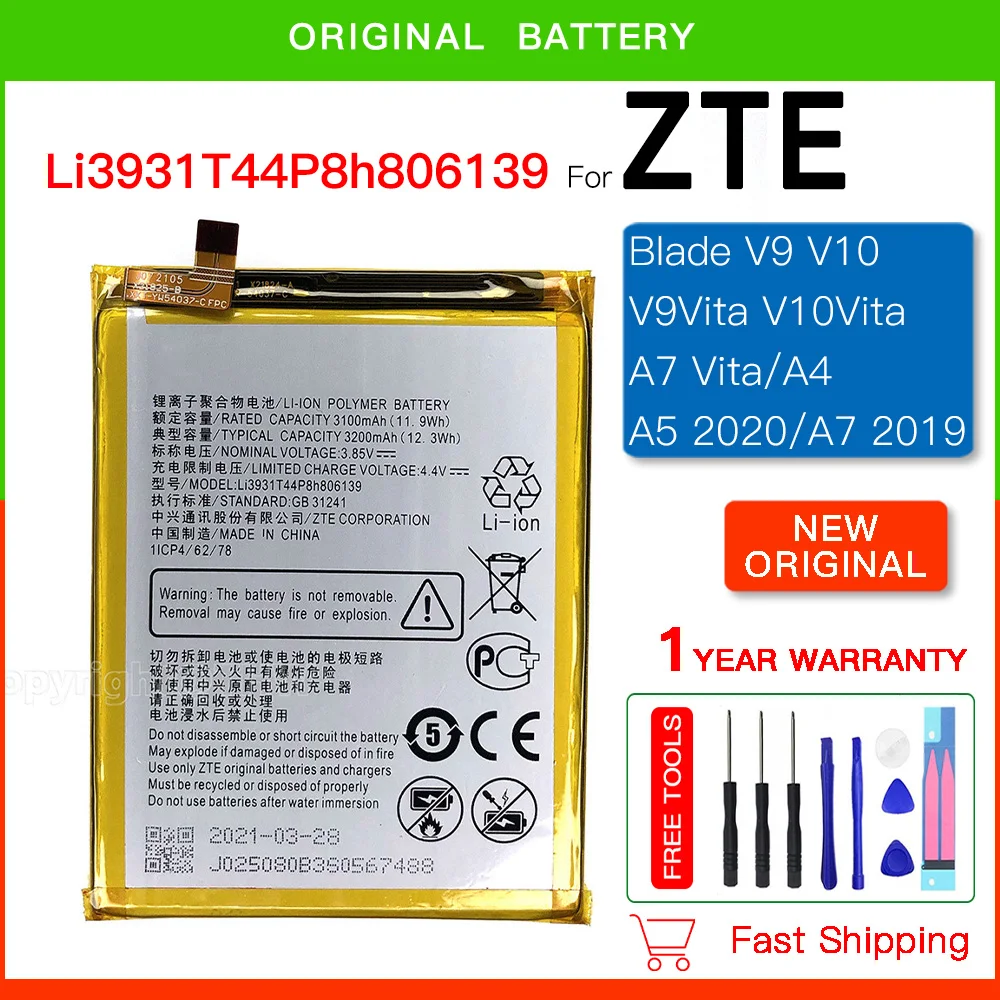 

Original Replacement 3200mAh Li3931T44P8h806139 Battery For ZTE Blade V9 V10 /V9Vita V10Vita/A7 Vita/A4/A5 2020/A7 2019 Batteria