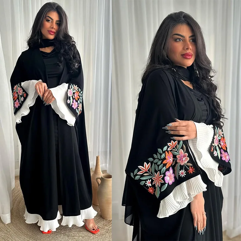 

Embroidered Arabic Open Abaya Dress Muslim Women Cardigan Outwear Gulf Outfit Pleated Trims Turkish Dubai Black Party Kaftan