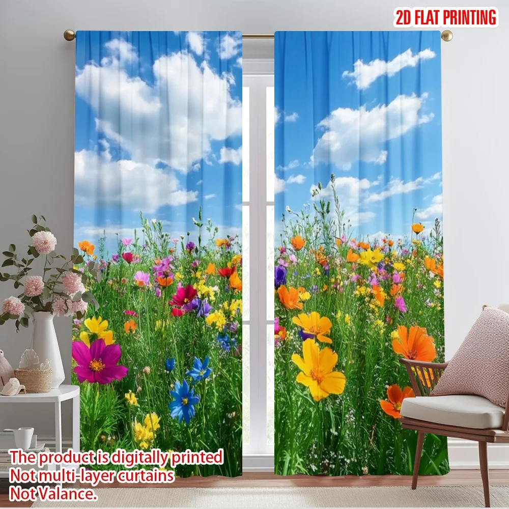 2pcs,2D plane printing Curtains Roller Blinds Blooming Horizon Polyester Woven (without rod) Home Decor Ldeal for Living Room,