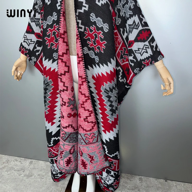 WINYI Winter Women Fringed cardigan abaya dubai luxury Coat Loose OverCoat Female winter outerwears leopard long down dress