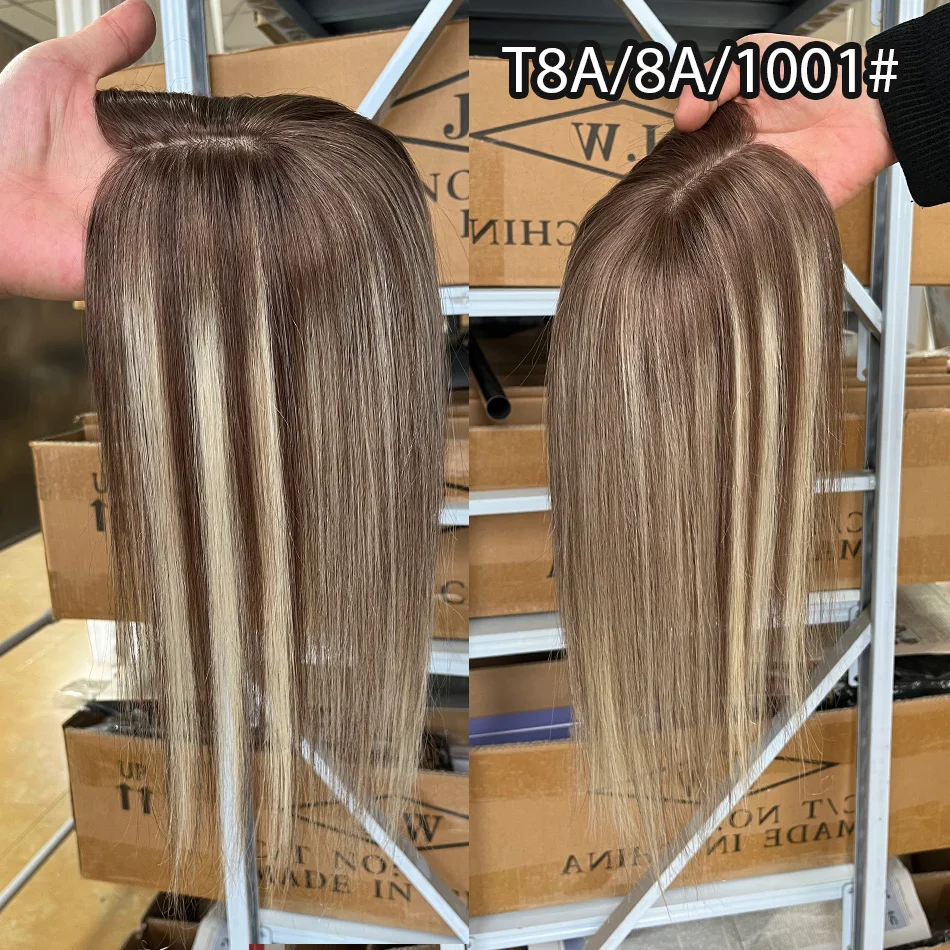 Clip-In Human Hair Lace Topper for Women Ombre Black Brown Highlight Blonde Natural Volume Hair Toppers for Thinning Hair