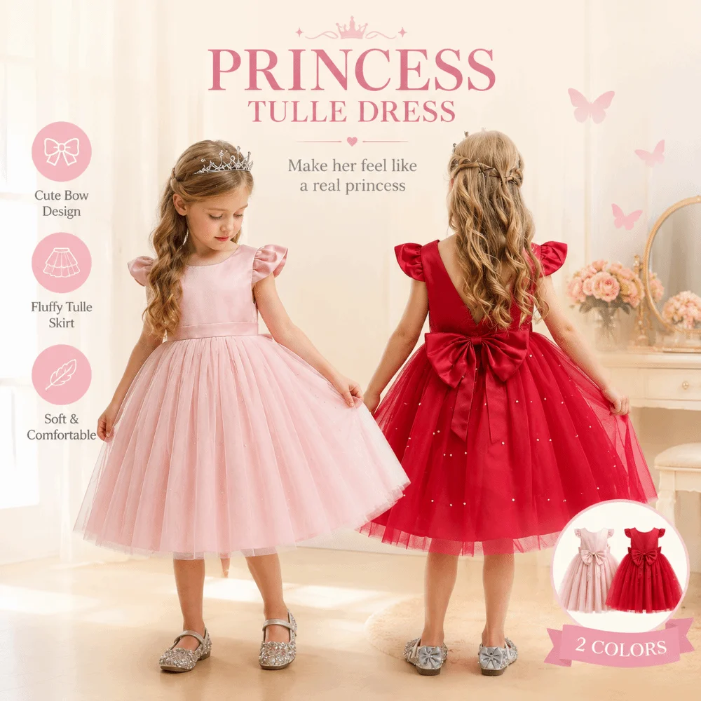 Red Pink Children's Bow Princess Dress‌ Big Bow Backless Girls Puffy Dress Tulle Piano Performance Costume Kids Party Wear