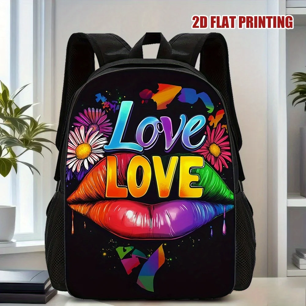 1 elegante mochila con estampado de labios y flores arcoíris: bolso de trabajo espacioso y ligero para adultos con correa de hombro ergonómica ajustable