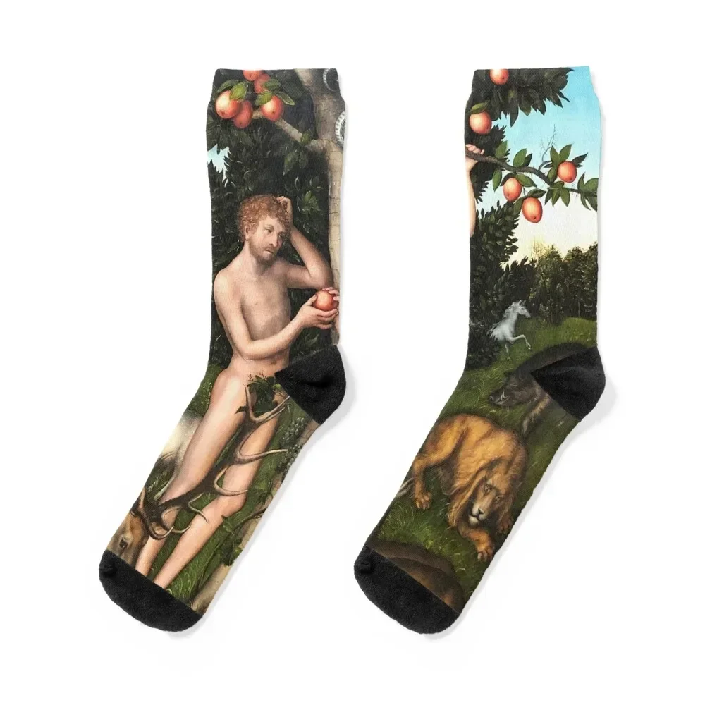 HD. Adam and Eve, oil on wood, 1526,by Lucas Cranach the Elder Socks Men's designer gym cool Men Socks Women's