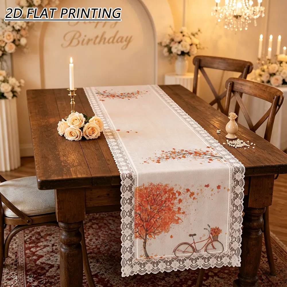 1pc Fall Autumn Maple Bicycle Pattern Tulle Lace Table Runner For Home Decor Harvest Dining Party