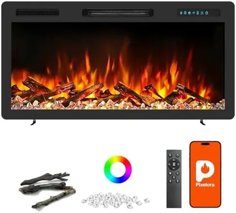 

Современная электрическая каминная вставка с управлением через приложение, 7 эффектов пламени и 12 цветов – обогреватель 1500 Вт, безопасен для спален