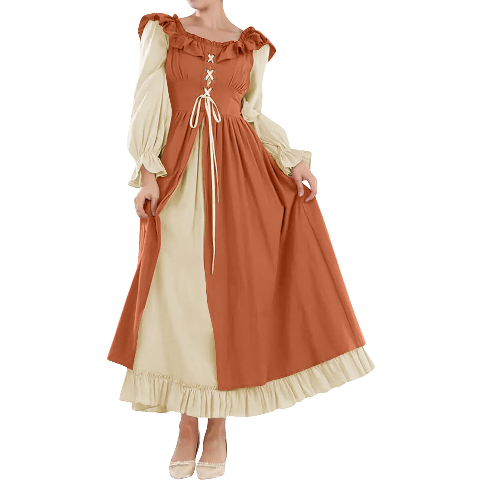 Women'S Lantern Sleeves A-Line Dress Medieval Vintage Big Swing Sweet Style Dresses Halloween Cosplay Patchwork Costumes