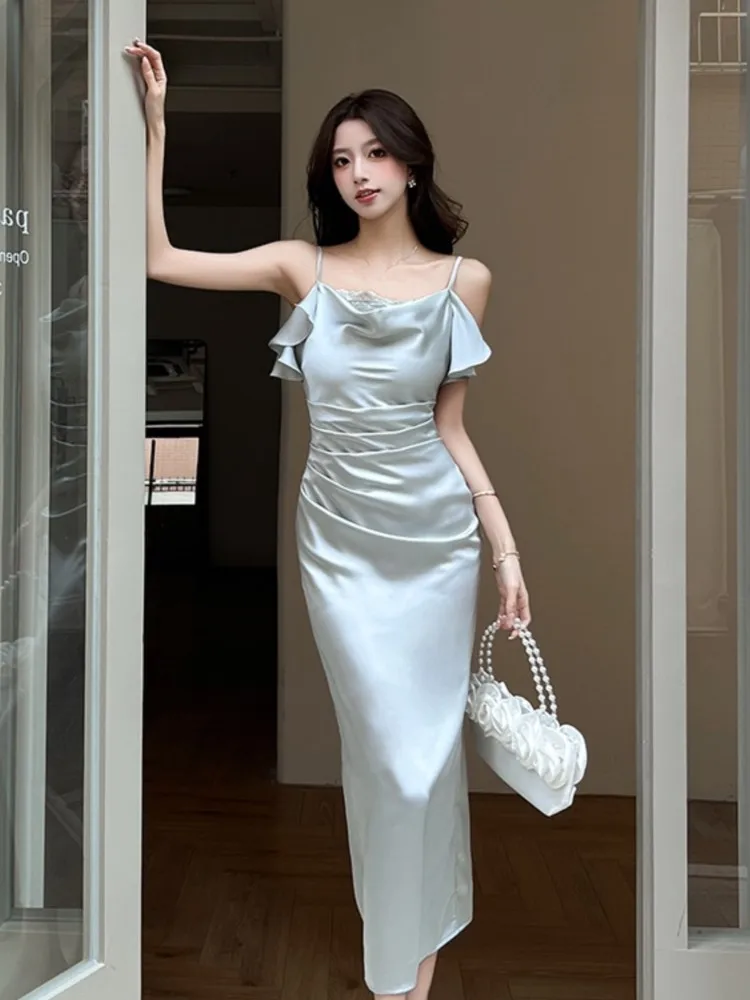 Elegante Vrouwen Swing Kraag Kanten Afwerking Satijnen Spaghetti Jurken Effen Kleur Taille Geplooide Backless Jurk Zomer Vestidos Nieuw