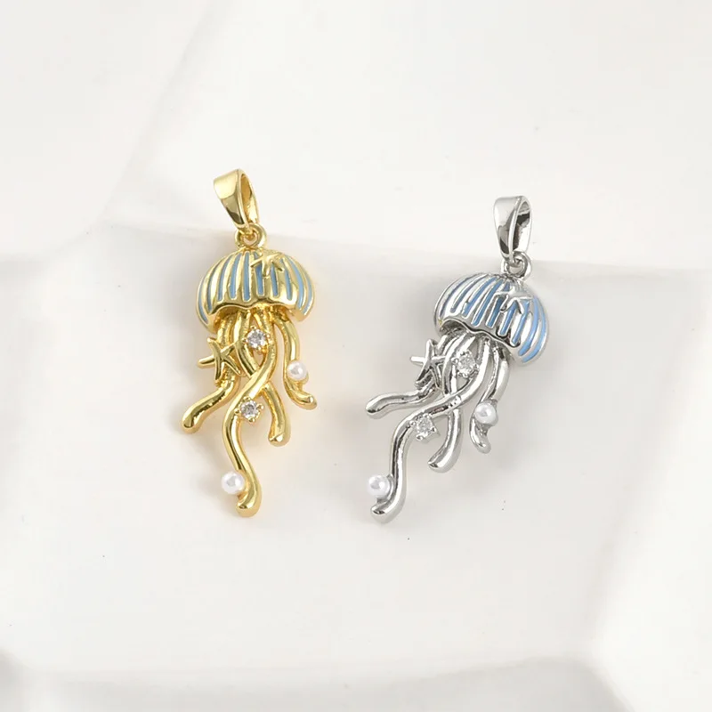 Copper-plated 18k Gold Color-preserving Blue Pearl Jellyfish Pendant DIY Handmade Necklace Bracelet Pendant Accessories Material