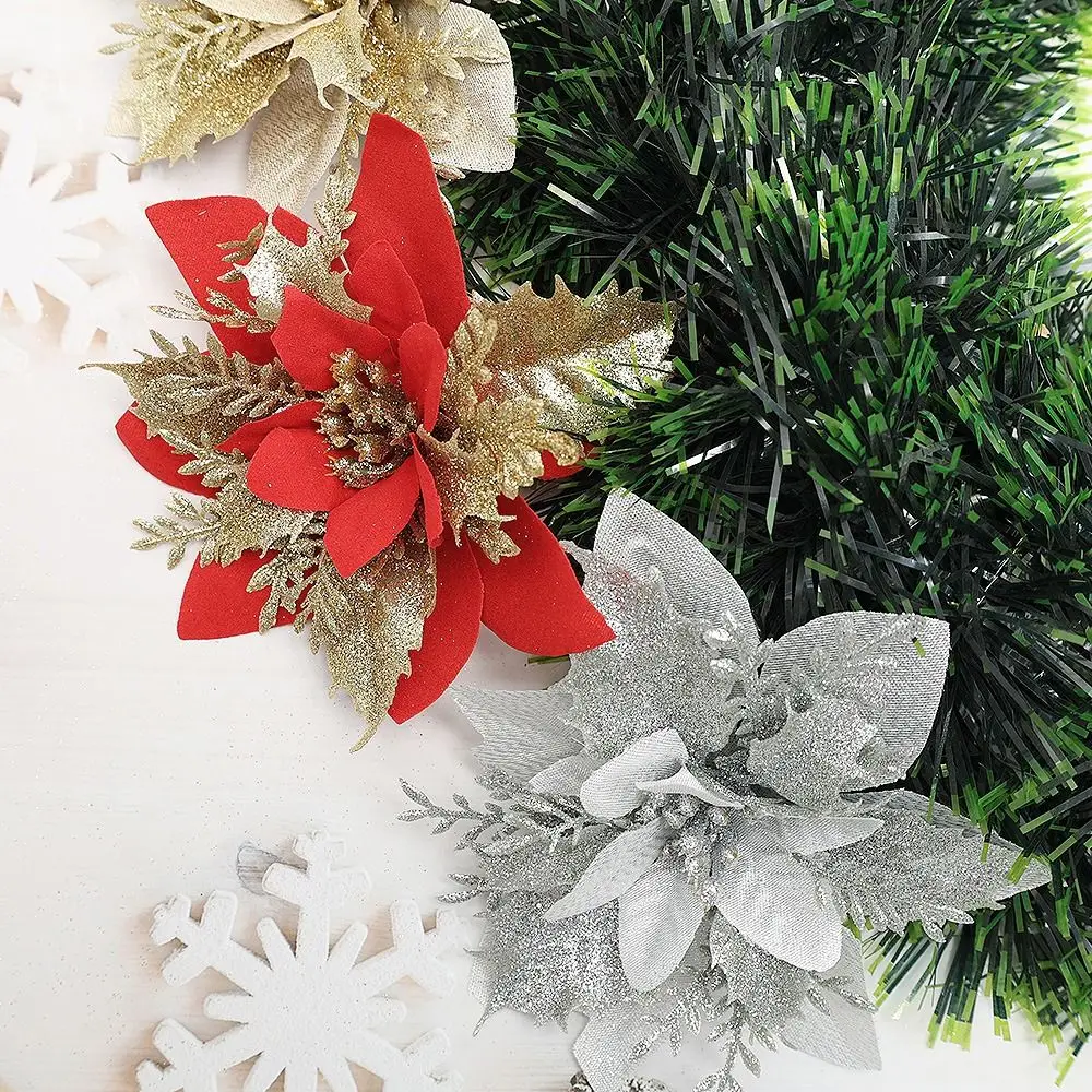 Christmas Artificial Poinsettia Glitter Flower Three-layer 16cm Fake Flower DIY Decoration Sequin Christmas Artificial Flowers