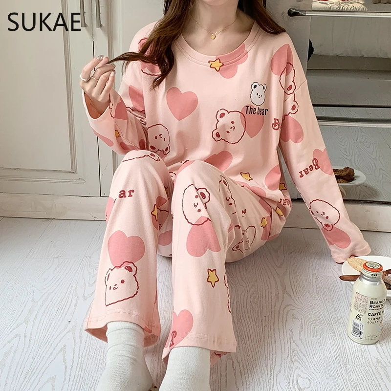 SUKAE Sweet Women Pyjama Korean Spring Autumn New Faux Cotton Sleepwear Youth Lady Homewear Chic Girls Nightwear Woman Home Suit