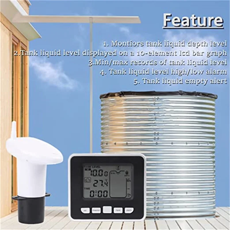 Multifunctional Ultrasonic Water Tank Liquid Level Meter with Temperature Sensor Water Level Time Display, Low Battery Indicator